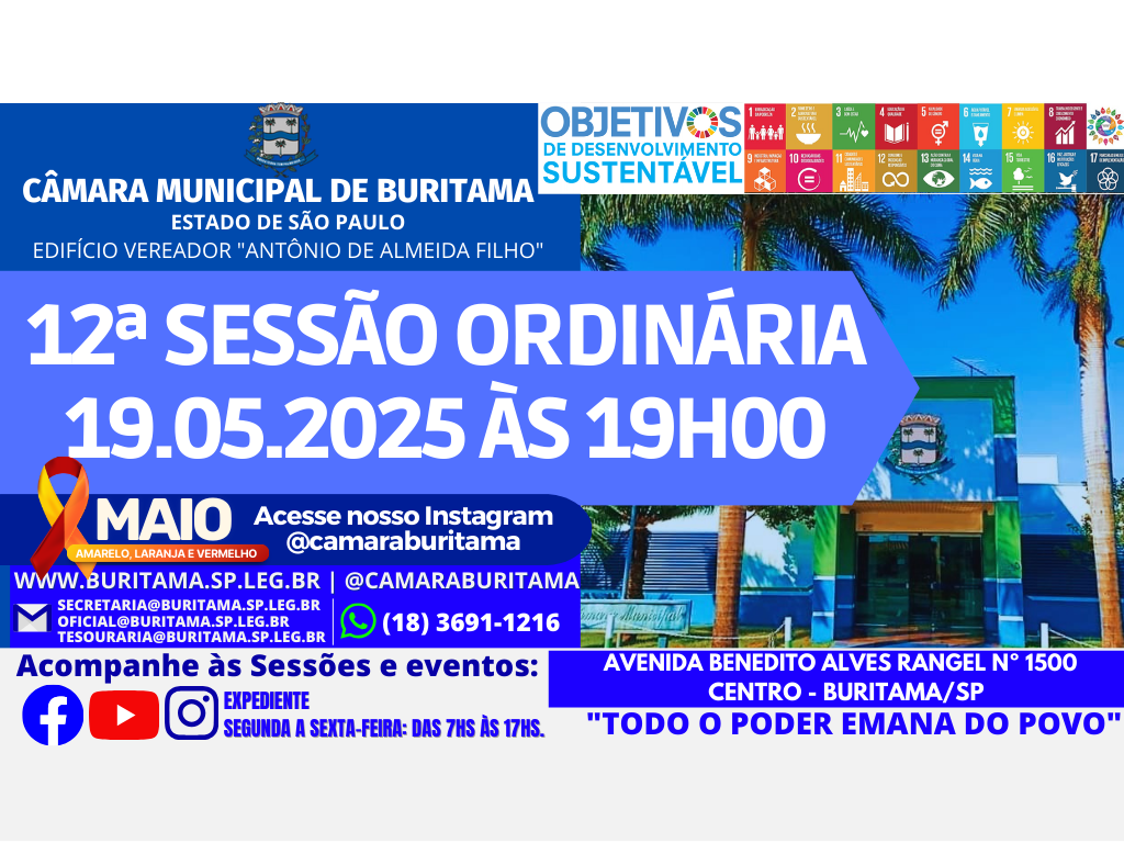 12ª SESSÃO ORDINÁRIA - 19.05.2025 ÀS 19H00.