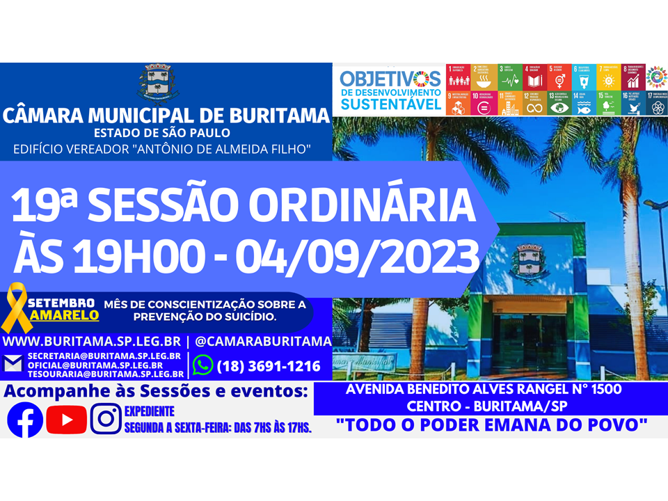 19ª SESSÃO ORDINÁRIA - 04.09.2023 ÀS 19H00.