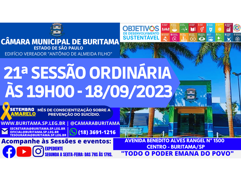 21ª SESSÃO ORDINÁRIA - 18.09.2023 ÀS 19H00.