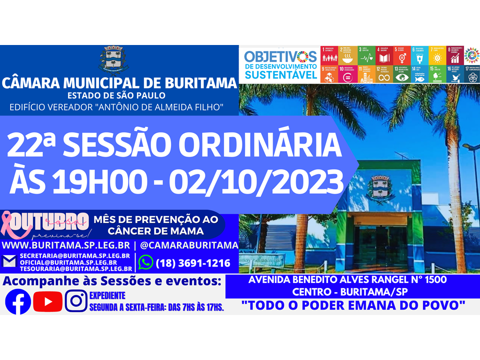 22ª SESSÃO ORDINÁRIA - 02.10.2023 ÀS 19H00.