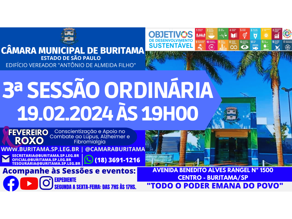 3ª SESSÃO ORDINÁRIA - 19.02.2024 - ÀS 19H00.