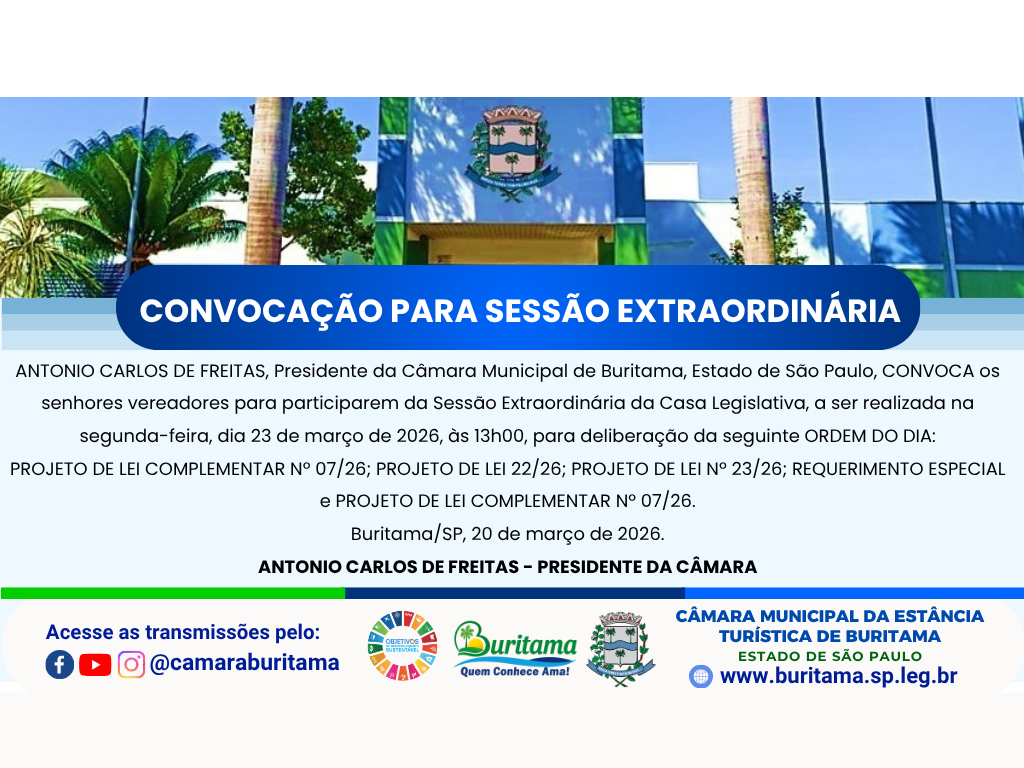 5ª SESSÃO EXTRAORDINÁRIA - 23.03.2026 ÀS 13H00.