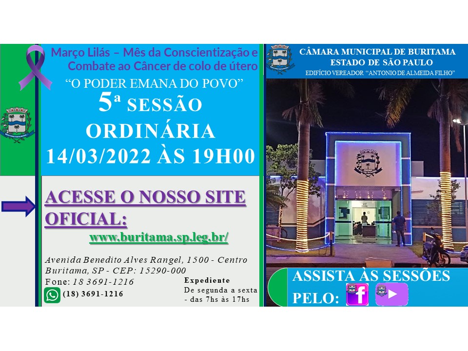 5ª SESSÃO ORDINÁRIA - 14/03/2022 ÀS 19H00.