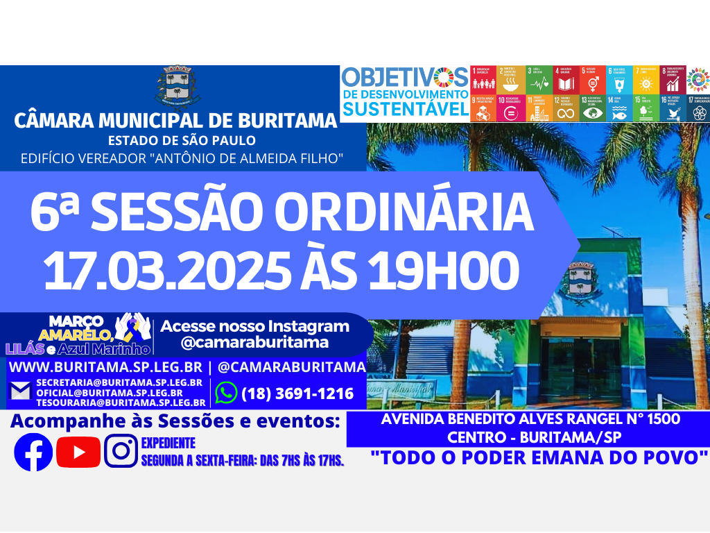 6ª SESSÃO ORDINÁRIA - 17.03.2025 ÀS 19H00.
