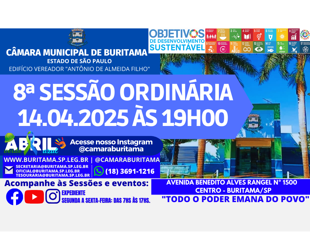 8ª SESSÃO ORDINÁRIA - 14.04.2025 ÀS 19H00.