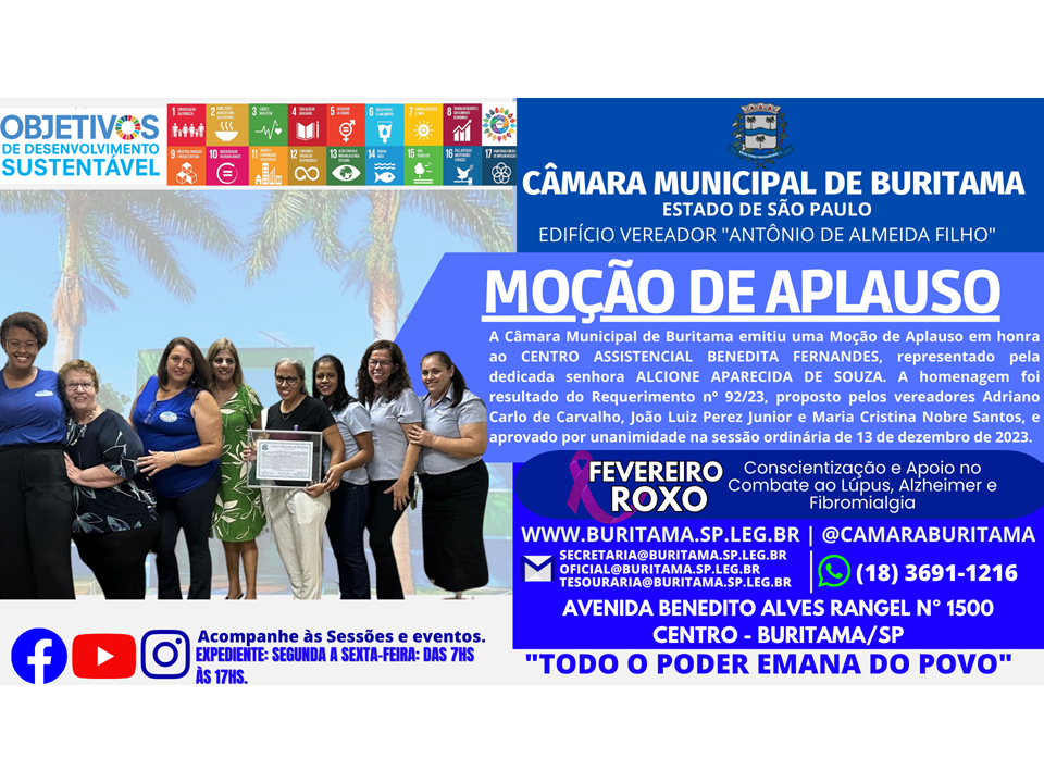 Câmara Municipal de Buritama Reconhece Méritos do Centro Assistencial Benedita Fernandes com Moção de Aplauso.