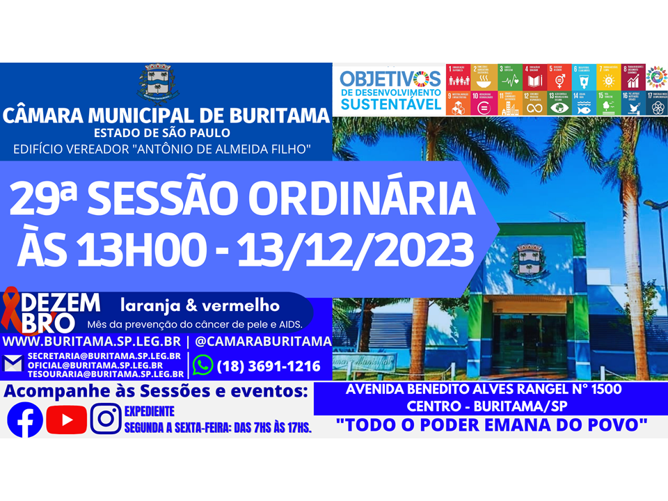 COMUNICADO - 29ª SESSÃO ORDINÁRIA - 13.12.2023 ÀS 13H00.