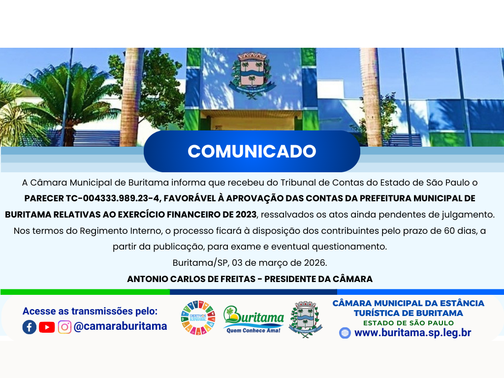 COMUNICADO - CONTAS DO EXECUTIVO - EXERCÍCIO DE 2023.