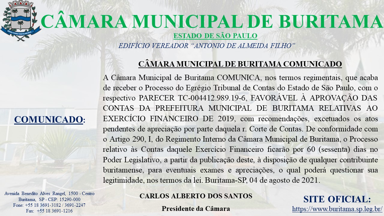 Comunicado sobre recebimento de Processo do Egrégio Tribunal de Contas do Estado de São Paulo